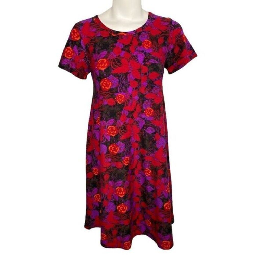 LuLaRoe Carly Red Purple Floral Super Soft A Line High‎ Low Dress Sz XXS NEW